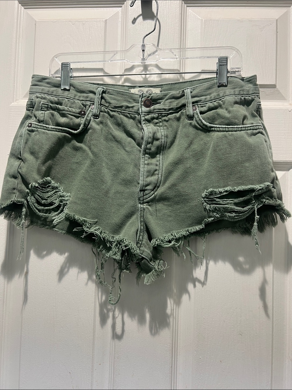We The Free Olive Green Distressed Denim Shorts
